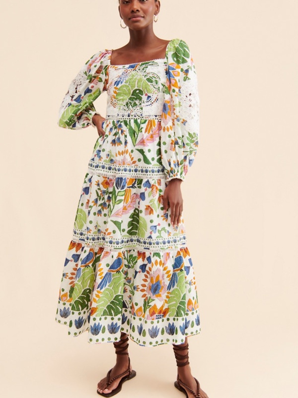 100% Cotton FARM Rio White Maxi Dress with Green, Blue & Orange Floral Print